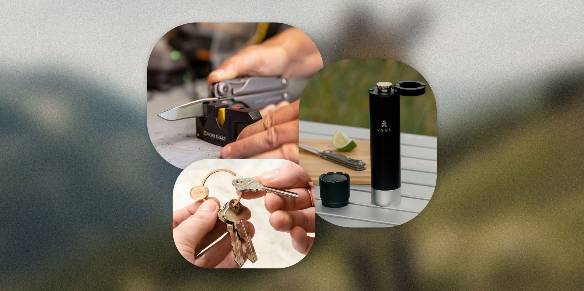 collage of a knife sharpener, keychain, and flask speaker