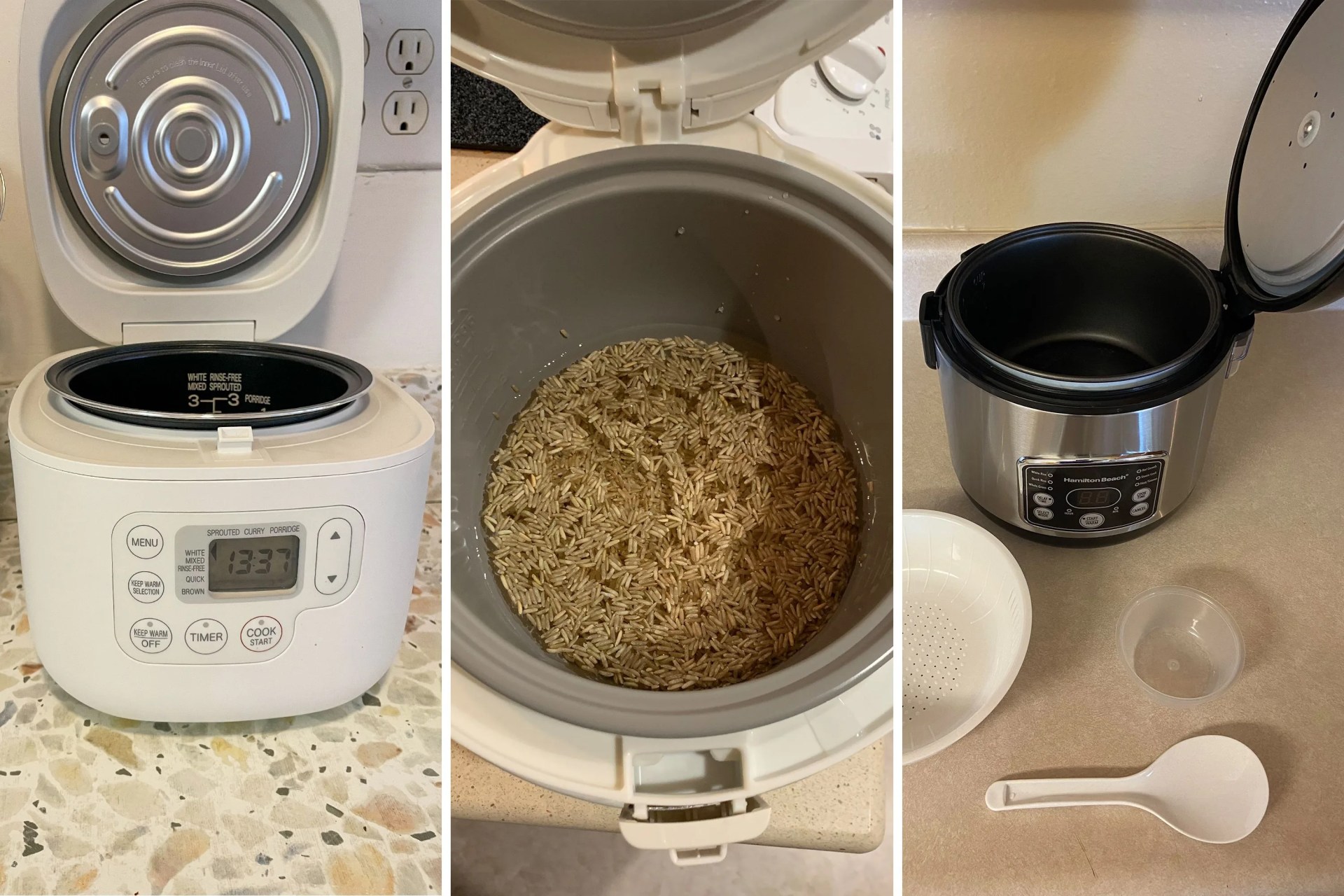 collage of three different rice cookers with the lid open