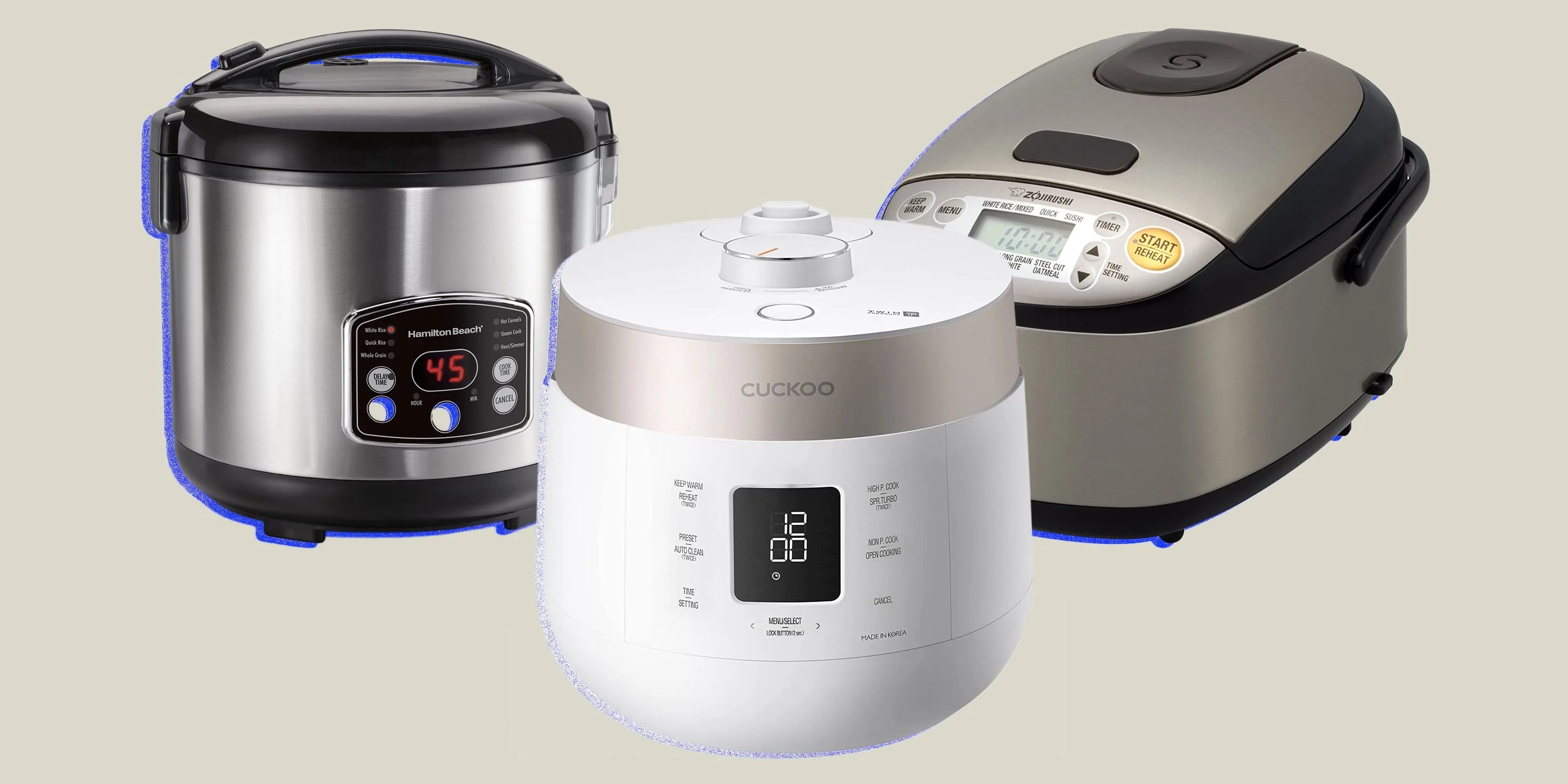 collage of three rice cookers
