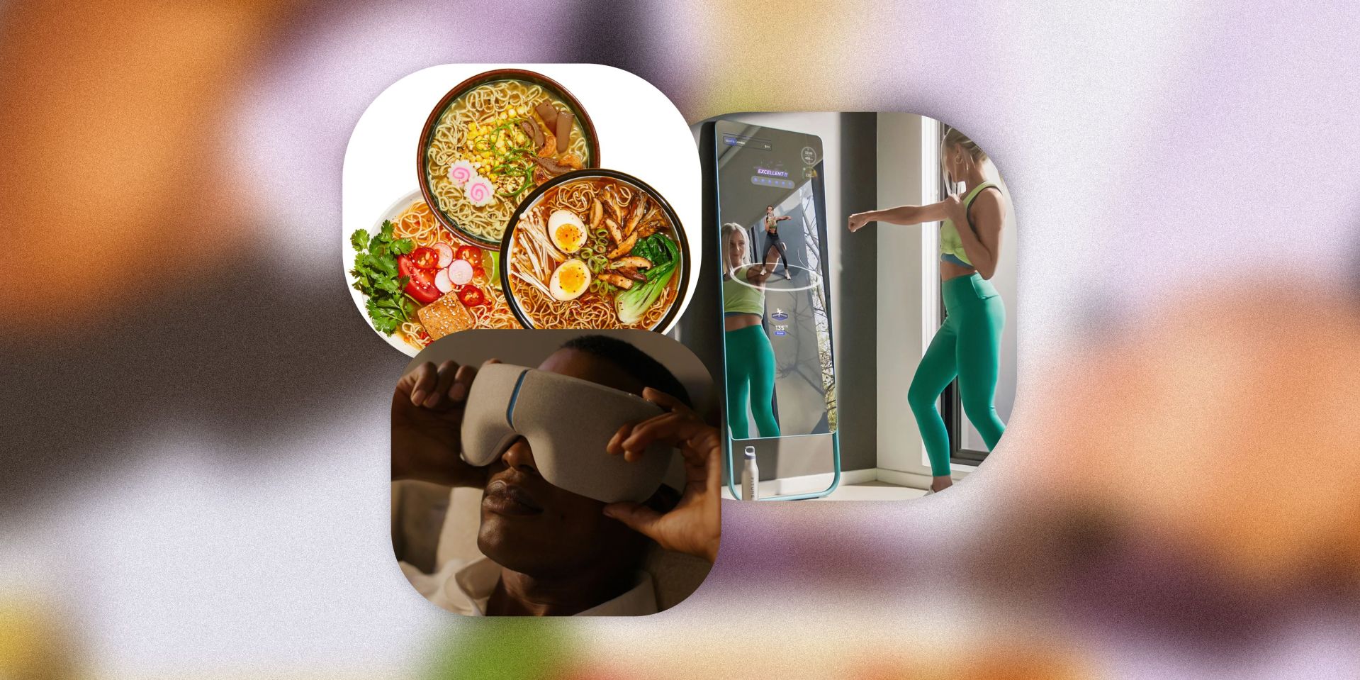 collage of a man wearing a therabody mask, ramen in bowls, and a woman working out with a fitness mirror