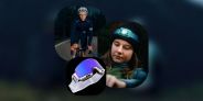 collage of ski goggles, a man riding a bike, a woman wearing a headlamp
