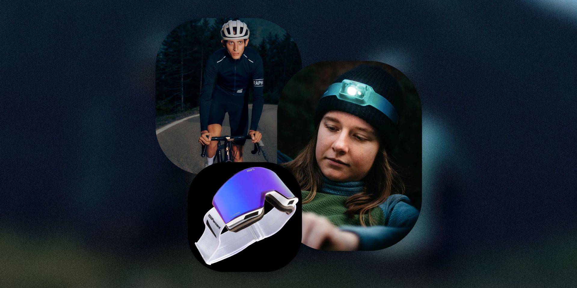 collage of ski goggles, a man riding a bike, a woman wearing a headlamp