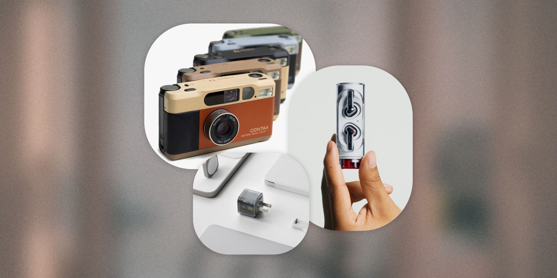 collage of nothing stick earbuds, a transparent power adapter, and a line of cameras