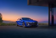 cadillac celestiq front 34 view with the sky and mountains in the background
