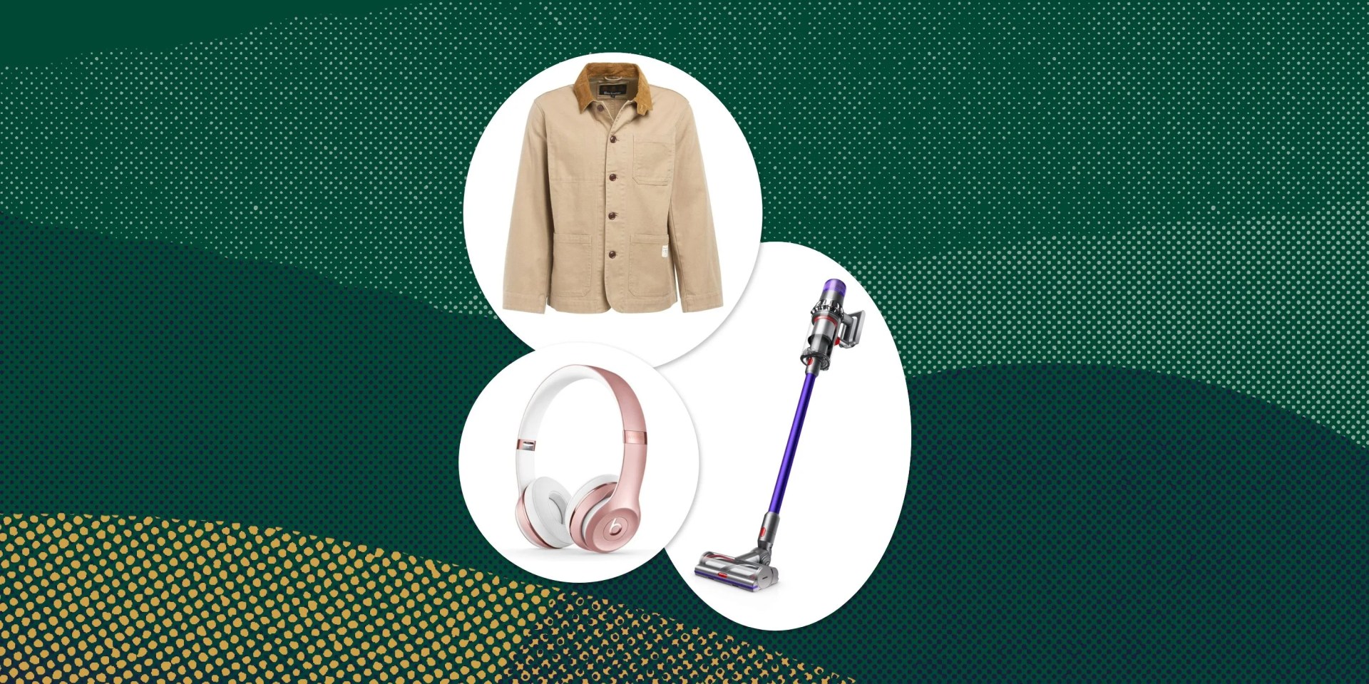 collage of a khaki jacket, vacuum cleaners, and wireless headphones