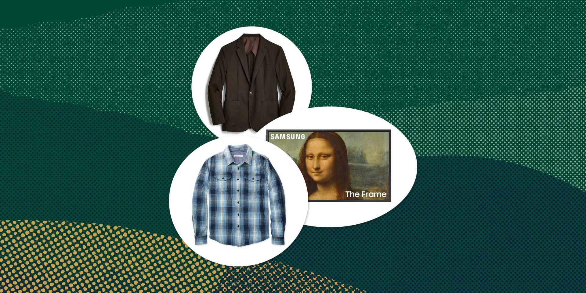 collage of a flannel button down shirt, suit jacket, and samsung frame tv