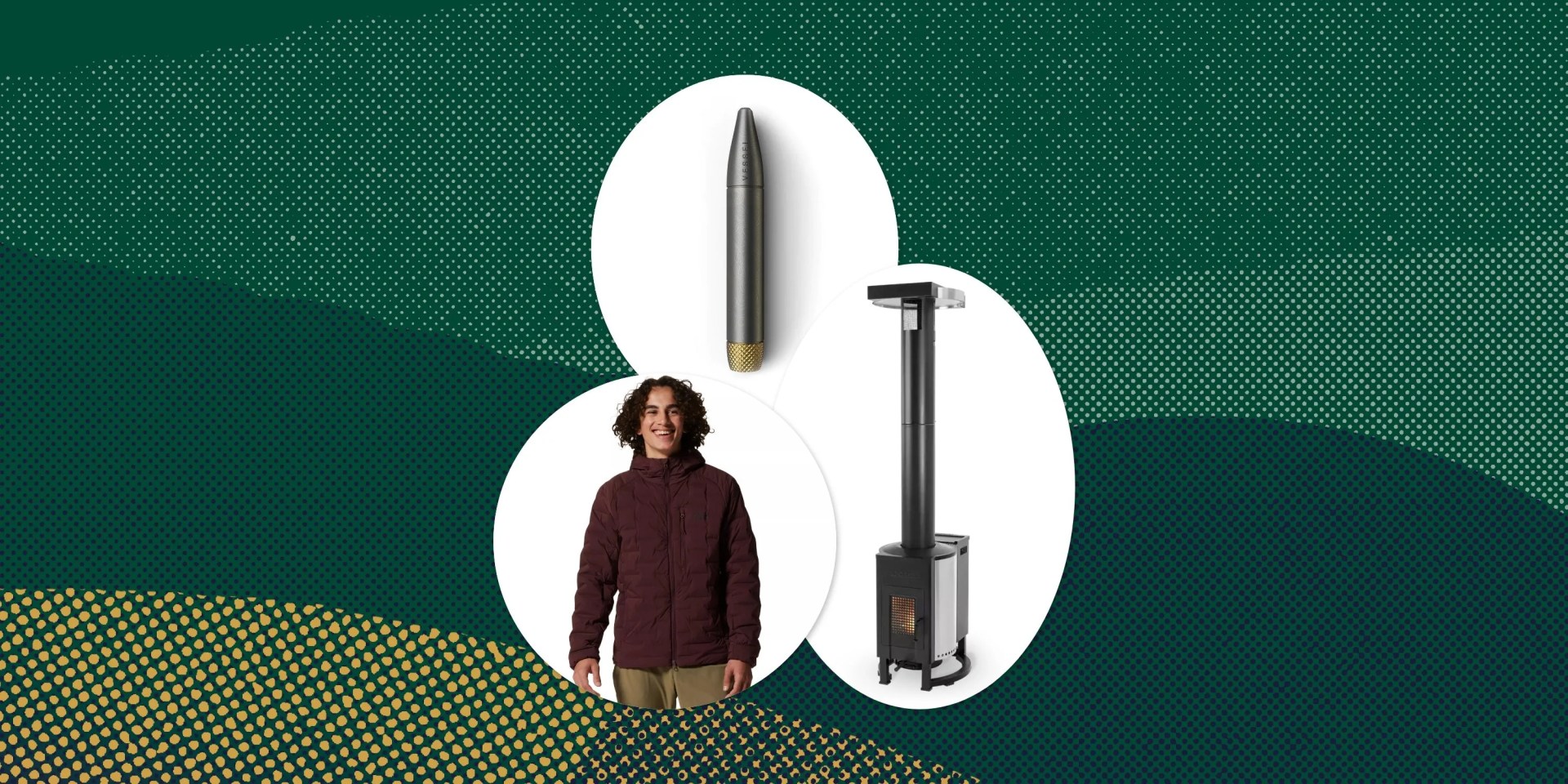 collage of a vssl, a man wearing a coat, and a patio heater