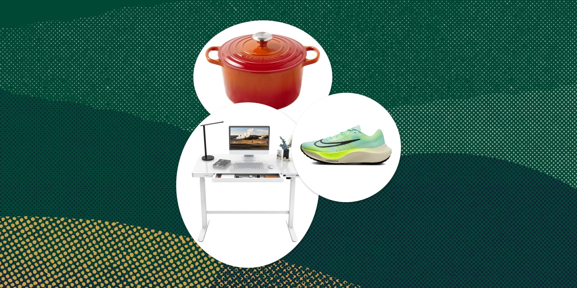 collage of a nike shoe, standing desk, and dutch oven