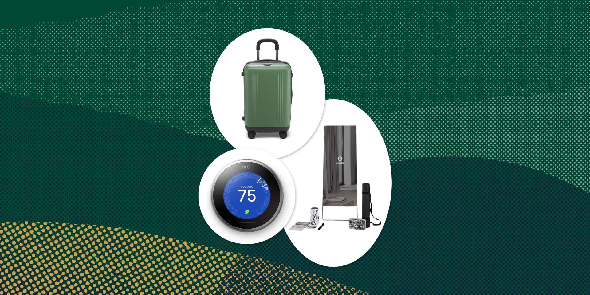 collage of a green suitcase, google nest thermostat, and lululemon fitness mirror with fitness accessories
