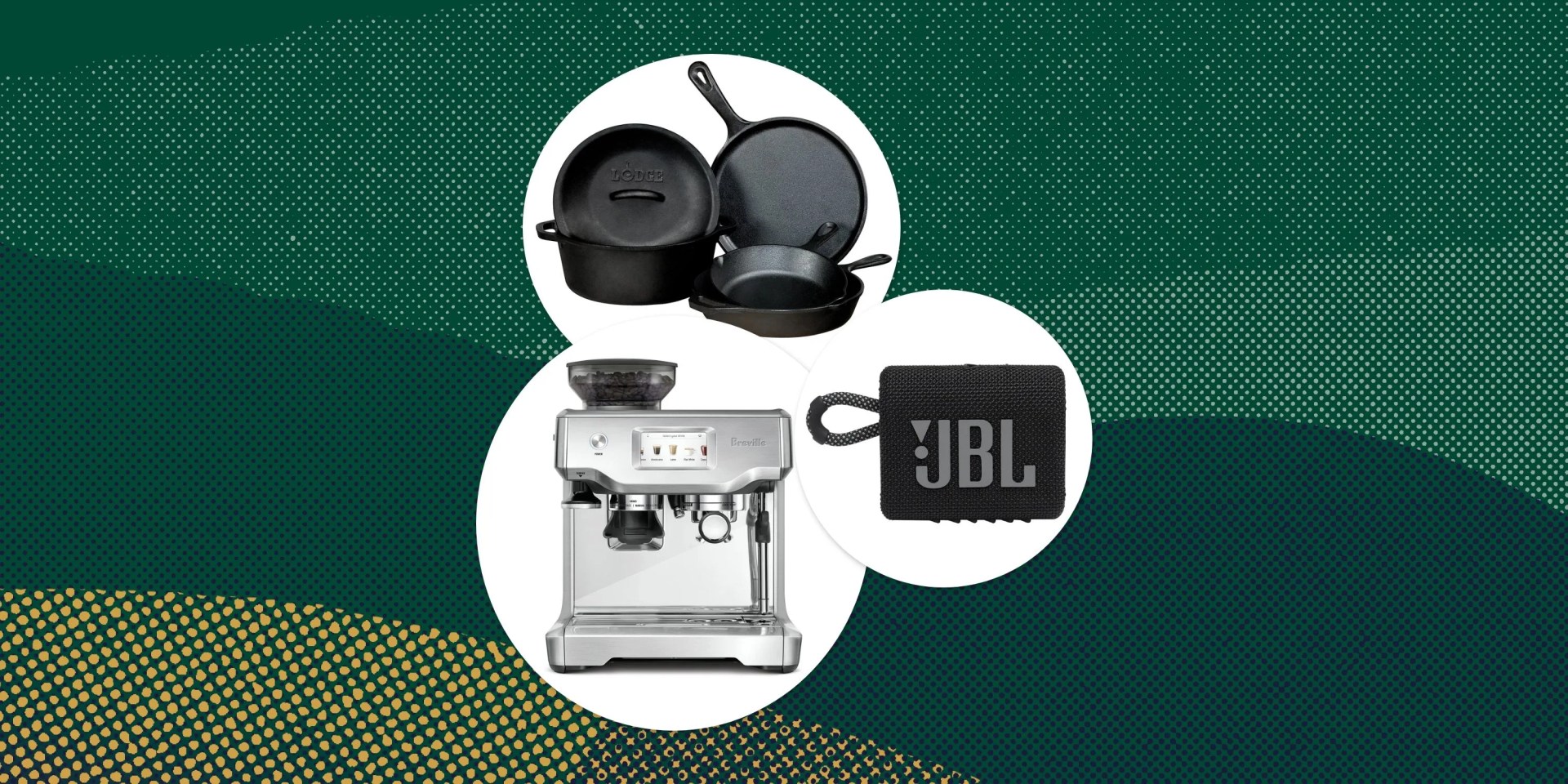 collage of cast iron, espresso maker, and a portable speaker