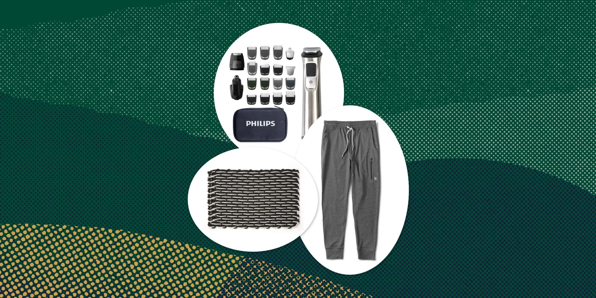 collage of a beard trimmer, jogger pants, and a doormat