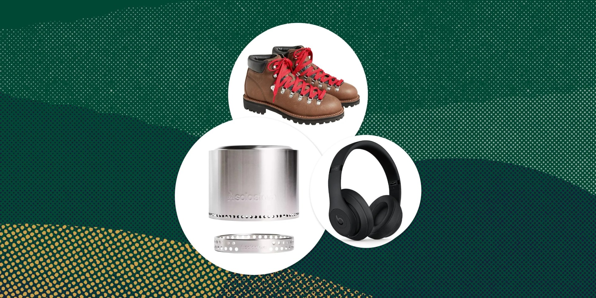 collage of boots, a solo stove, and headphones