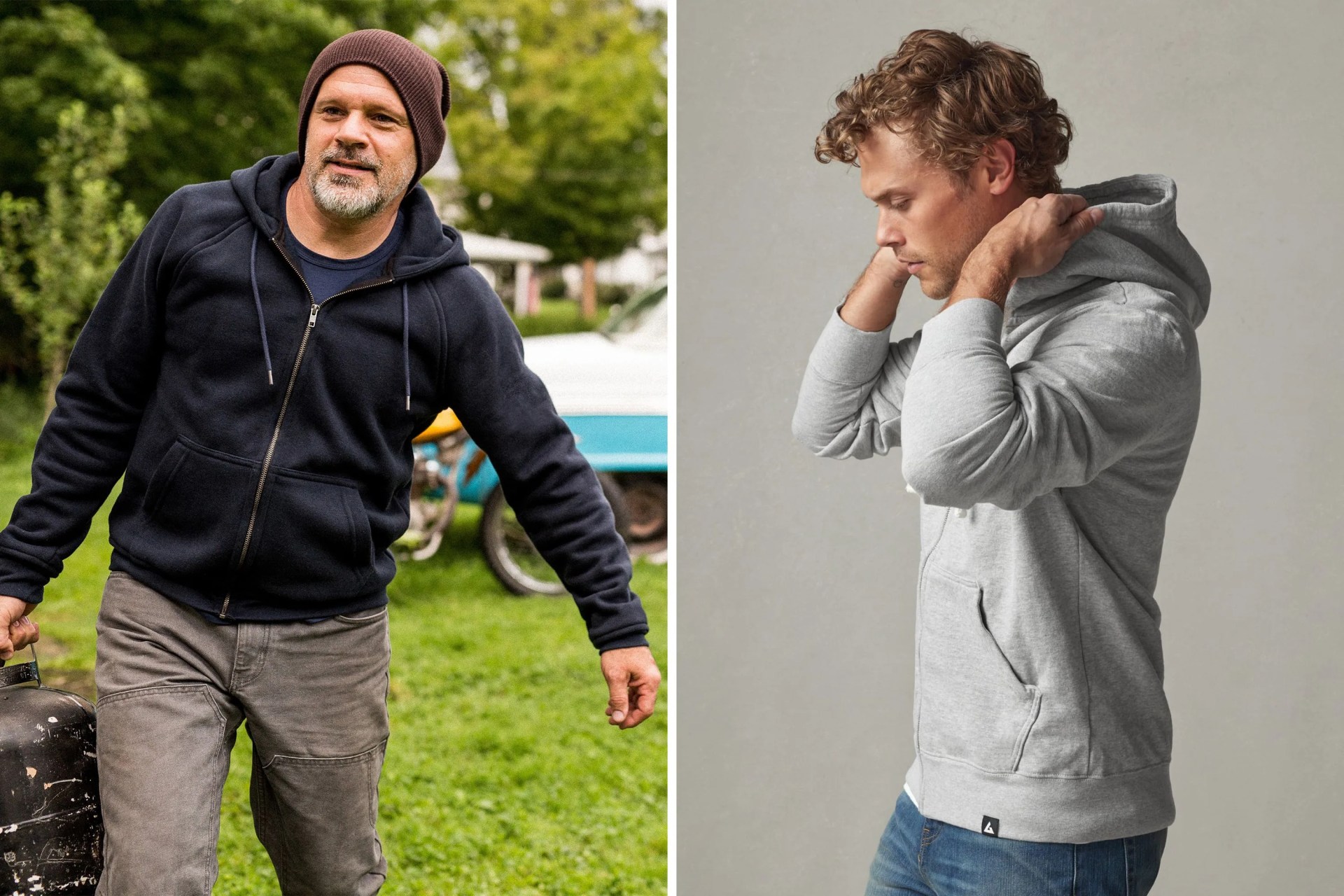 collage of two men wearing hoodies