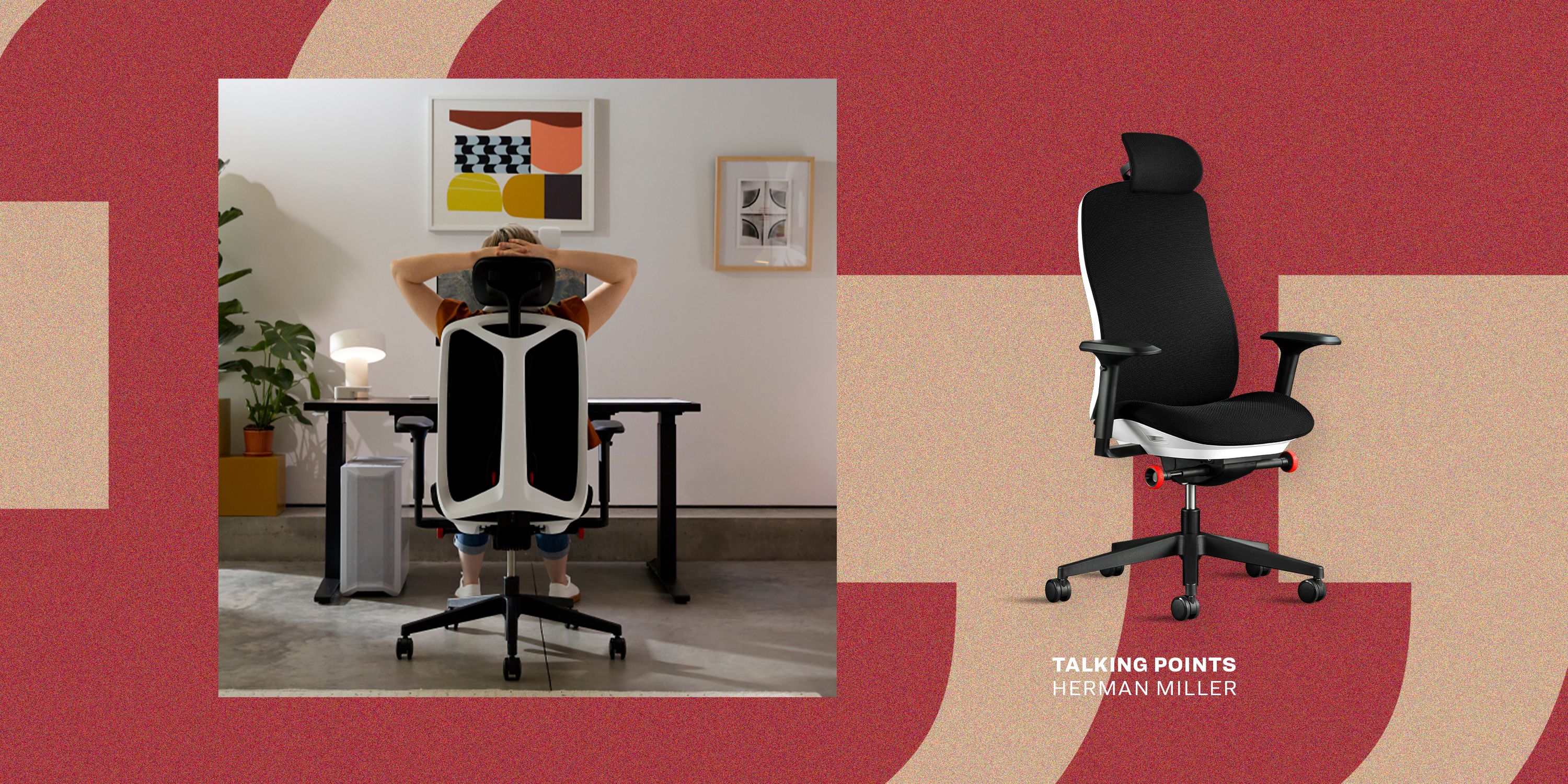person sitting in a herman miller chair at a desk next to a studio image of a herman miller chair