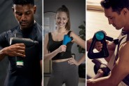 three people using massage guns on their arm and chest