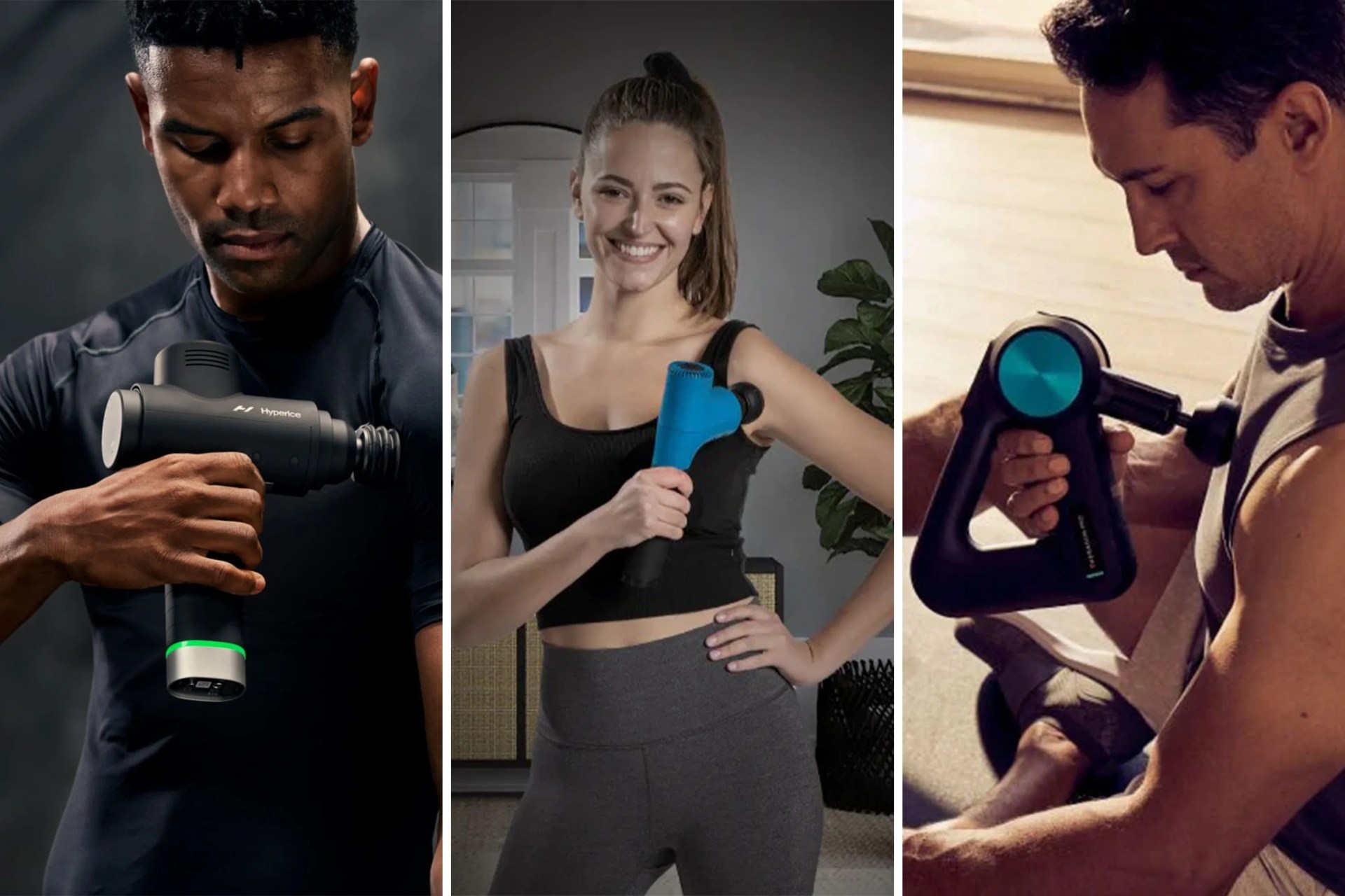 three people using massage guns on their arm and chest