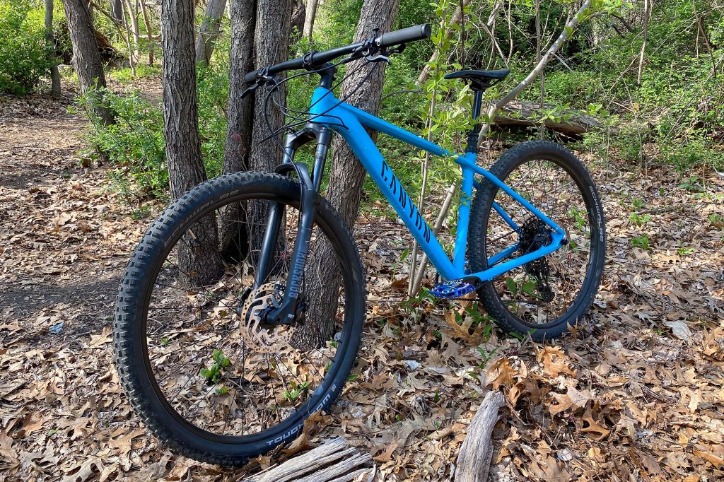 blue bike leaning against a tree
