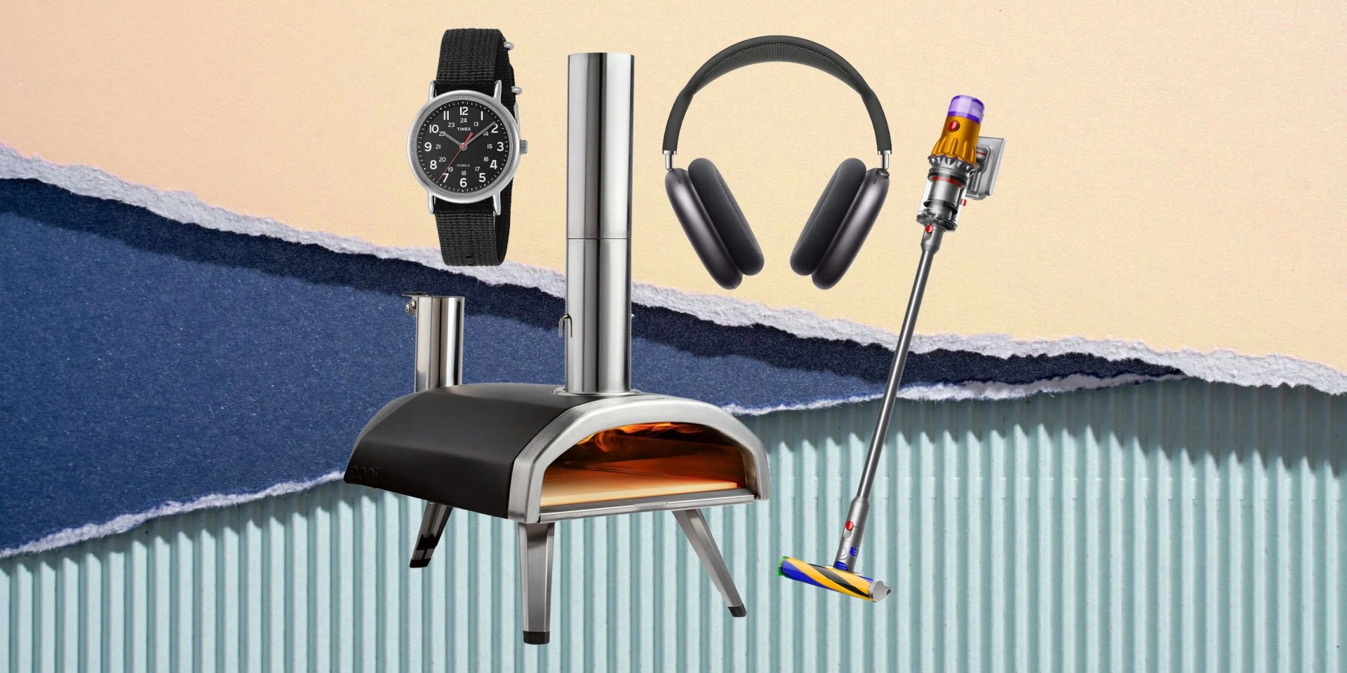collage of a watch, pizza oven, headphones, and dyson