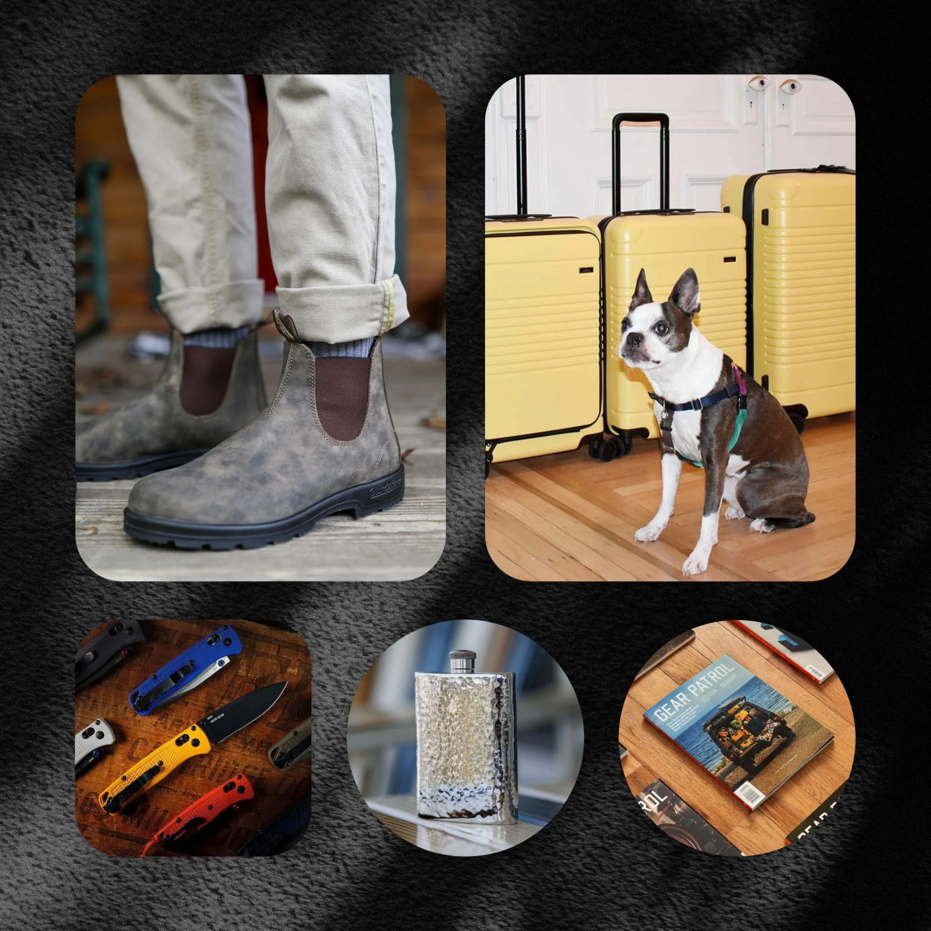 blundstone boots, arlo sky luggage, jacob bromwell flask, gear patrol magazine, and work sharp knives
