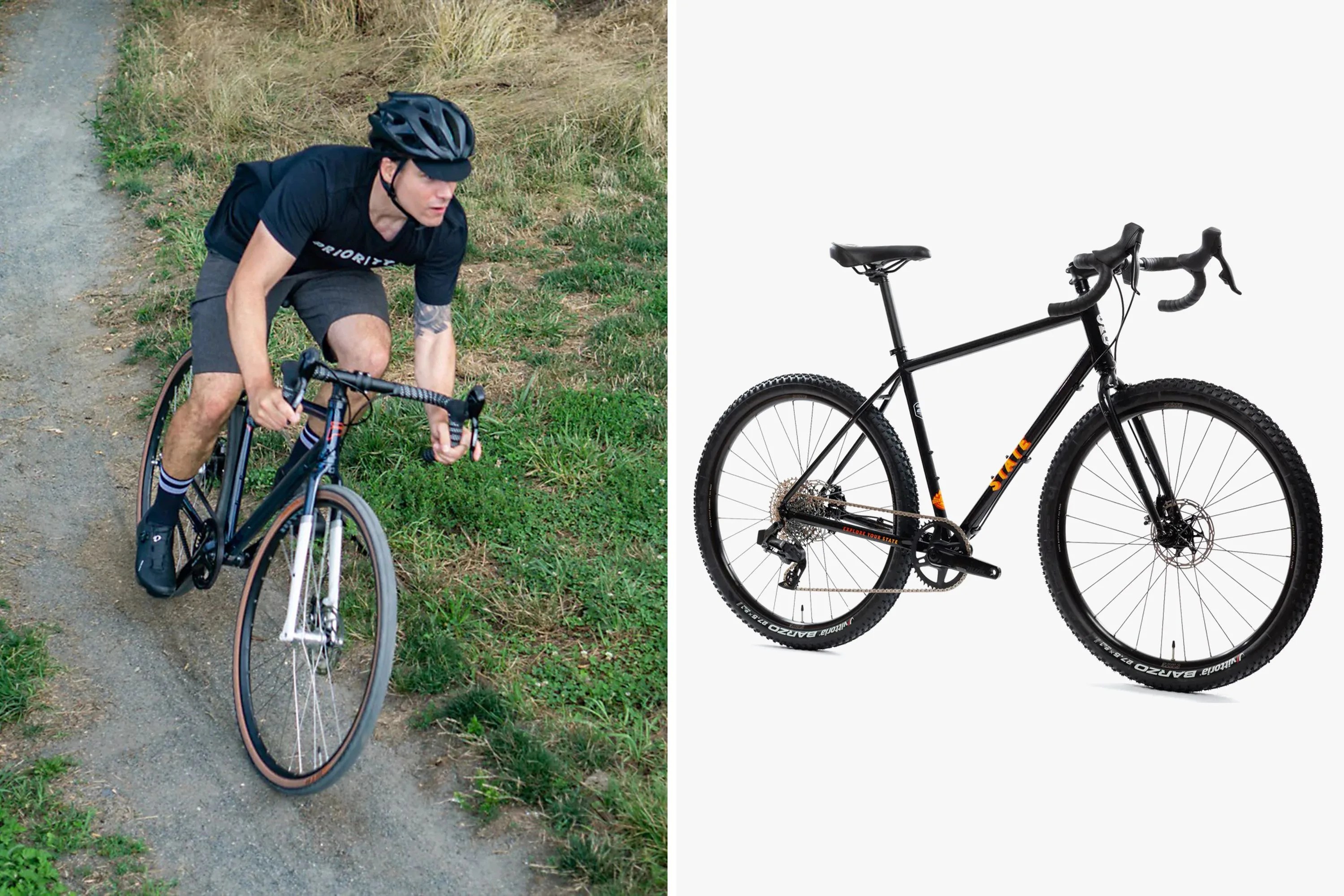 a man riding a priority bike on a gravel path next to a studio shot of a state gravel bike