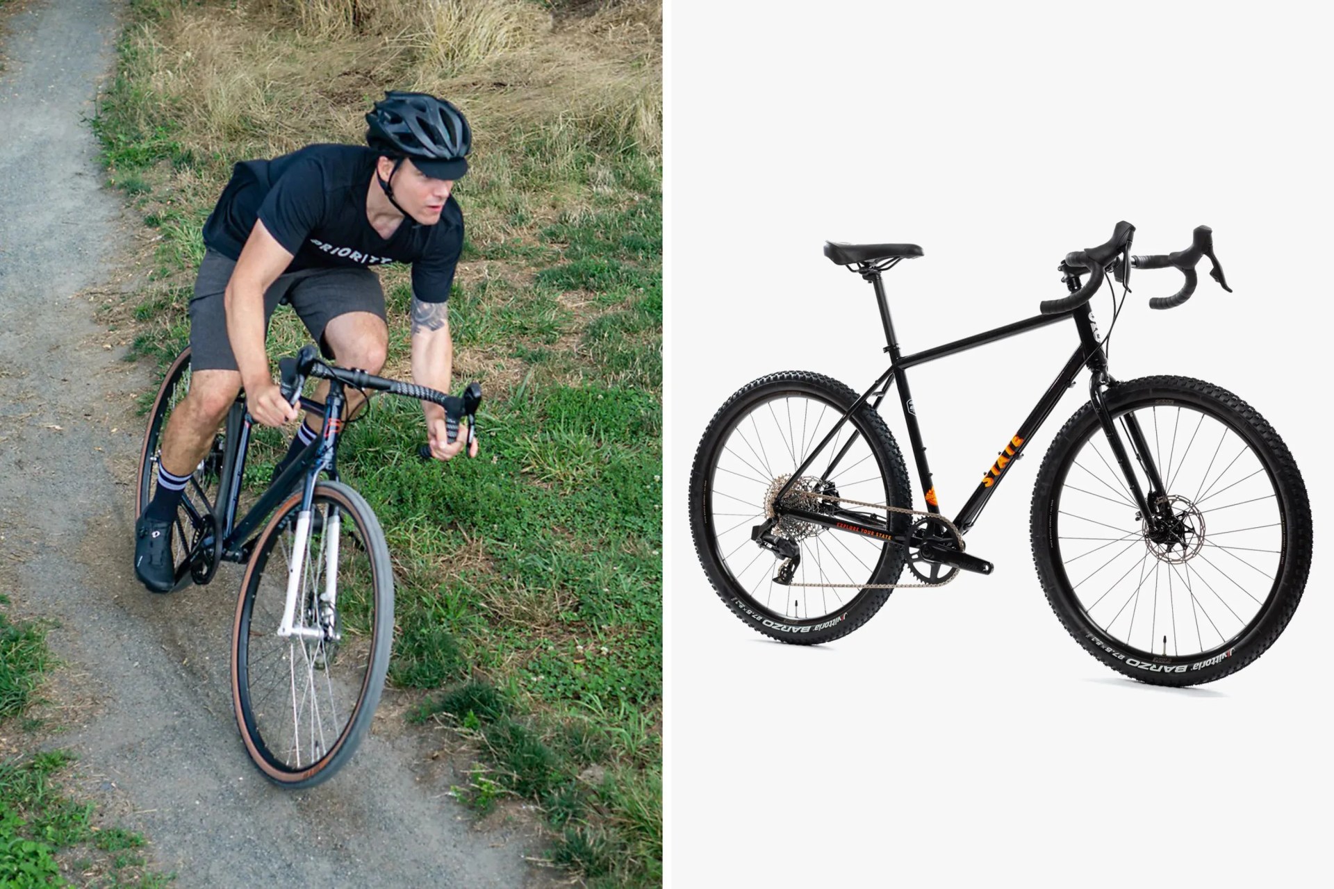 a man riding a priority bike on a gravel path next to a studio shot of a state gravel bike