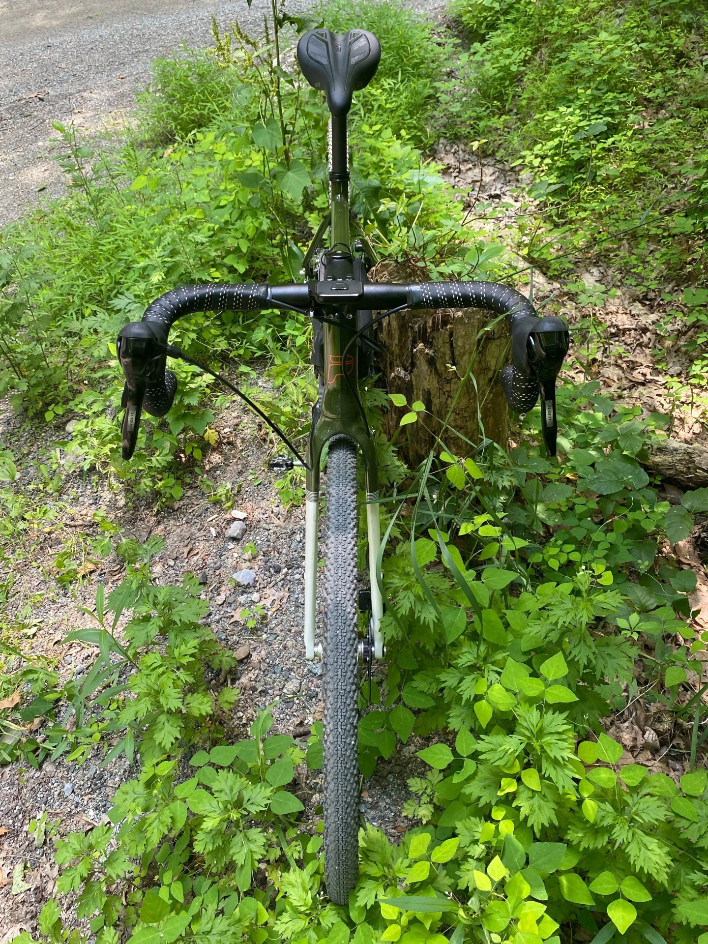 overhead front view of a priority apollo bike parked on a gravel trail