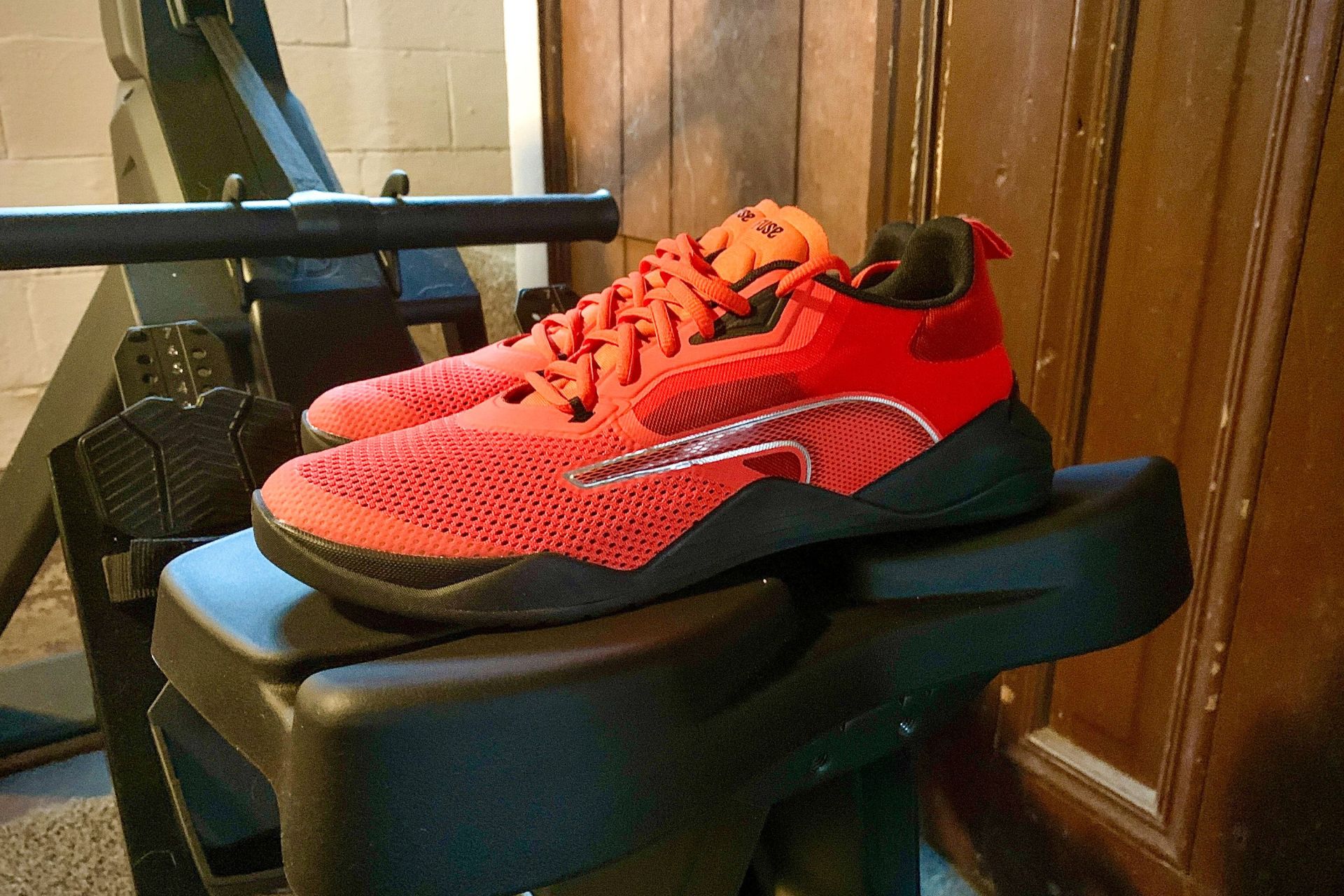 puma fuse shoes sitting on a rowing machine