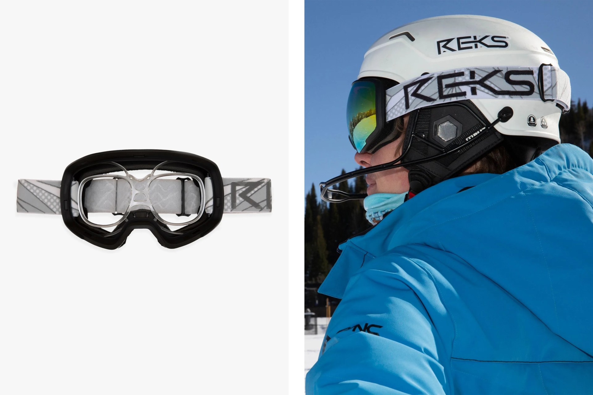 reks goggles product next to a person wearing reks goggles and a helmet