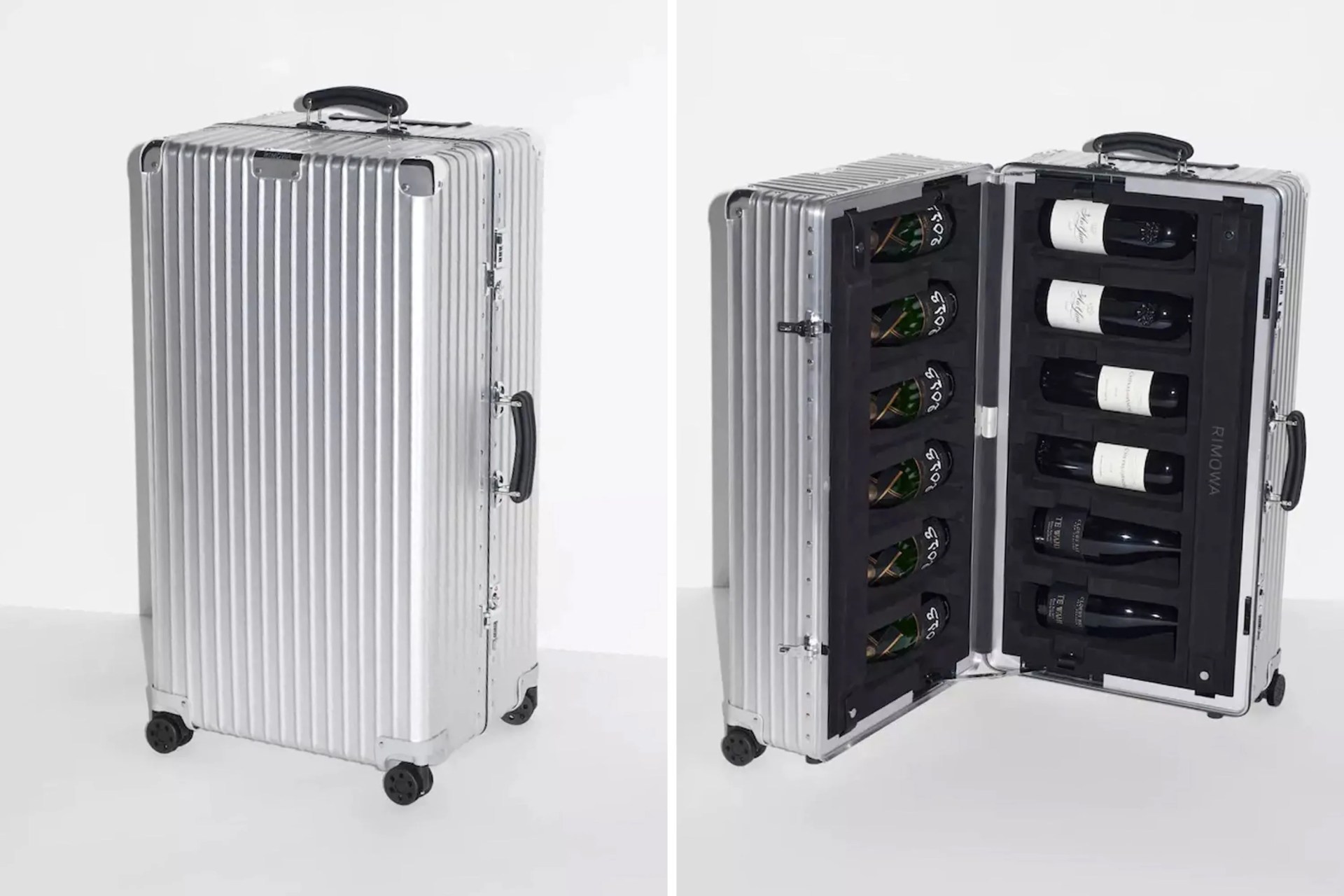 rimowa wine case closed and open showing 12 bottles of wine