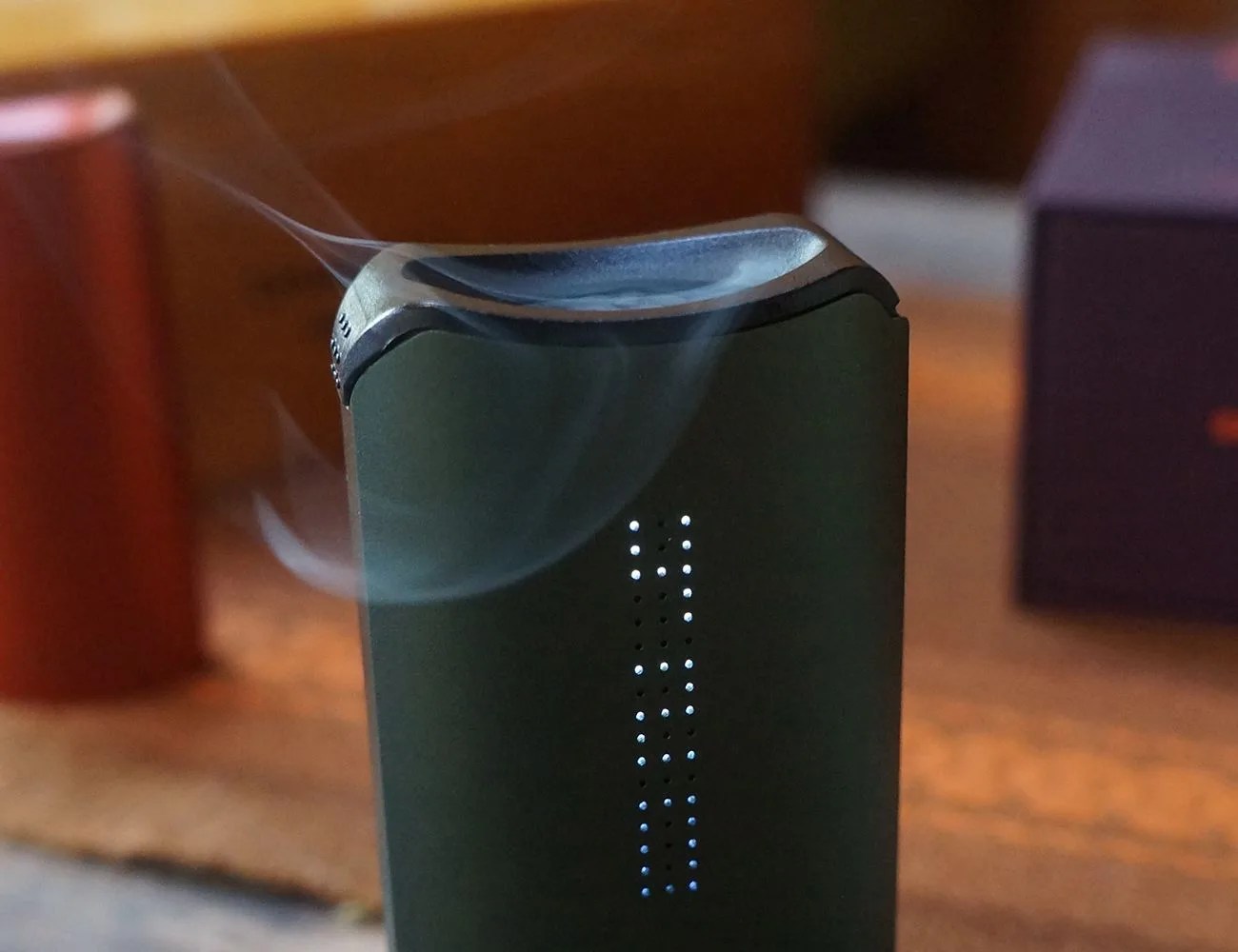 a close up of the davinci iqc's mouthpiece with smoke flowing out