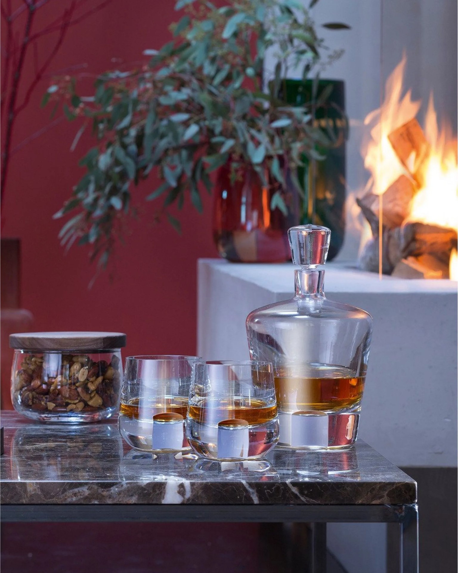 the whisky cut whisky set placed in an outdoor patio setting