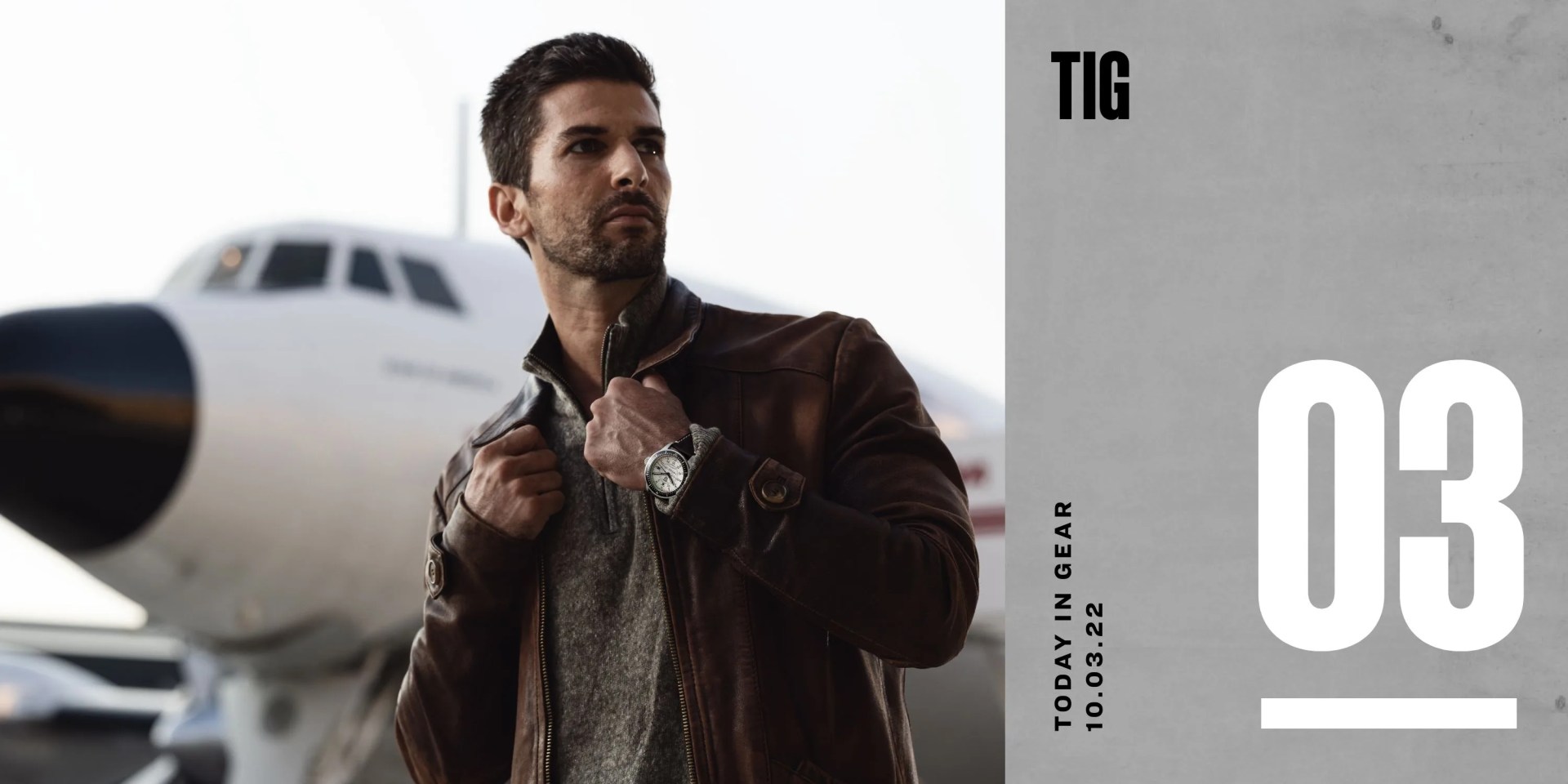 today in gear october 3 2022 man straightening jacket in front of plane wearing luminox watch