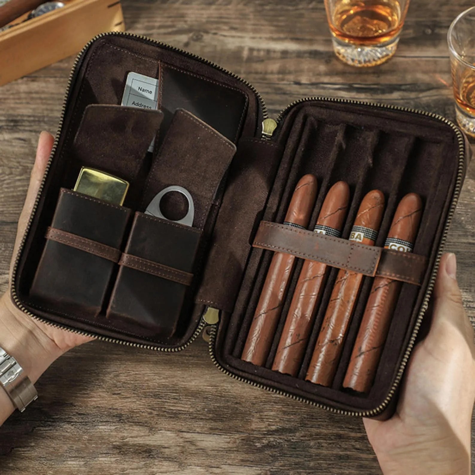 Personalized Italian Leather Cigar Case Gift Set, 4-Finger Portable Travel Cigar Case, Holster 4 Humidor Holder Box, Cigar Accessories