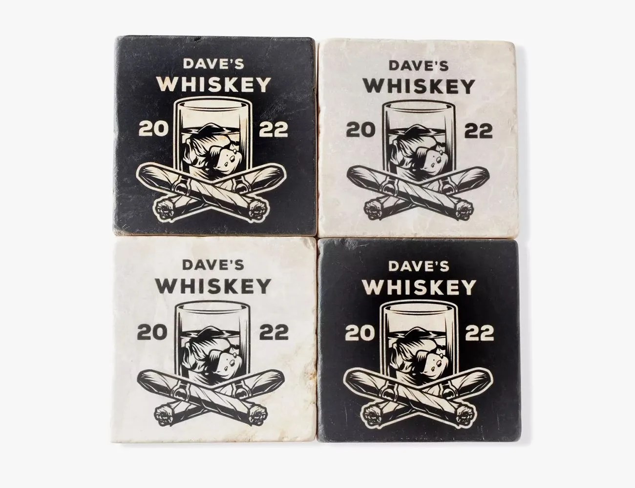 Personalized Italian Marble Whiskey and Cigar Themed Coasters, Set of 4