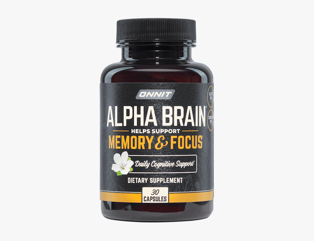 a black Onnit Alpha Brain pill bottle