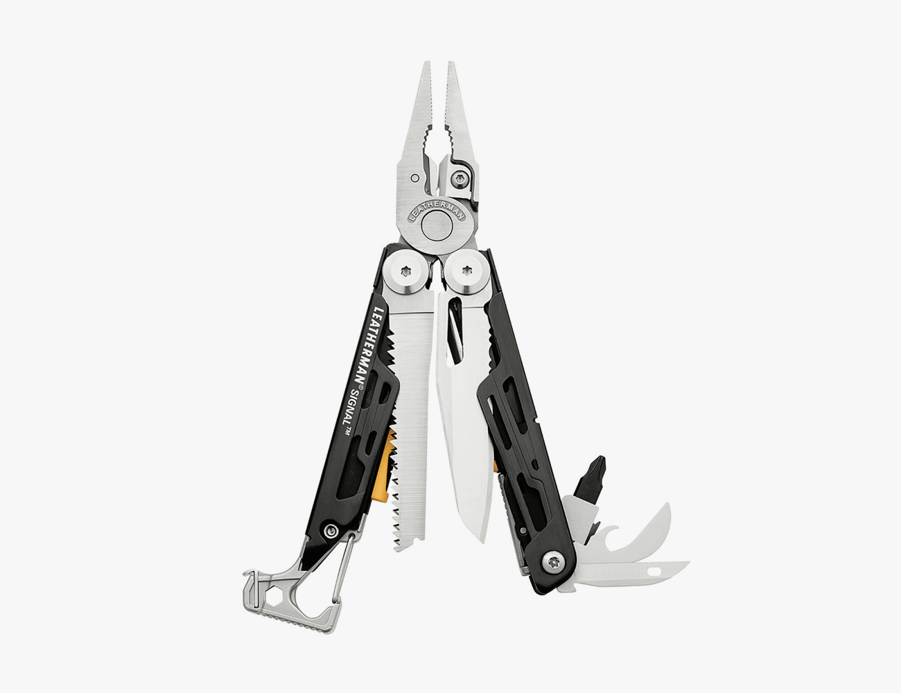 Leatherman Signal in black and silver on a white background
