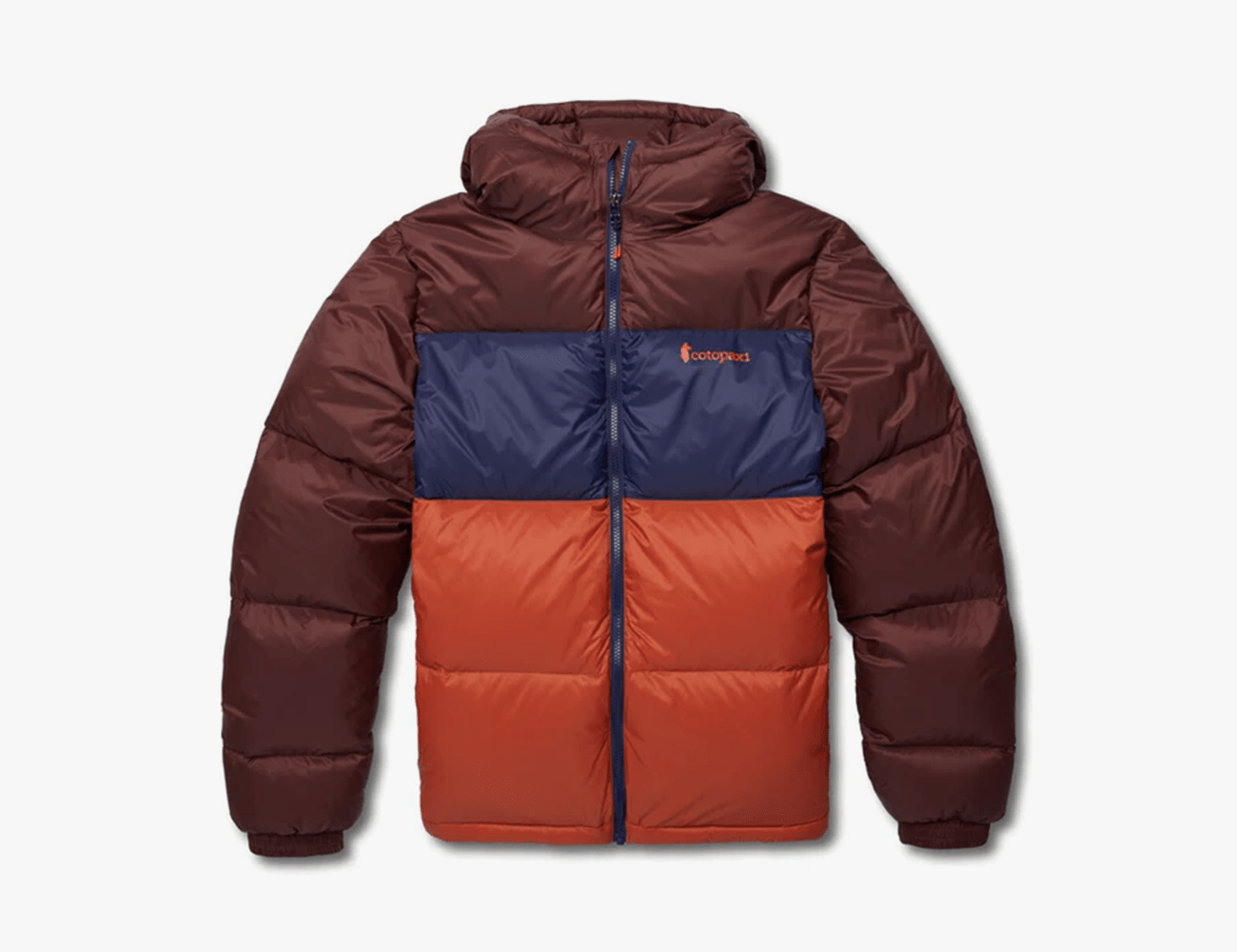 cotopaxi solazo hooded down jacket in maroon blue and orange