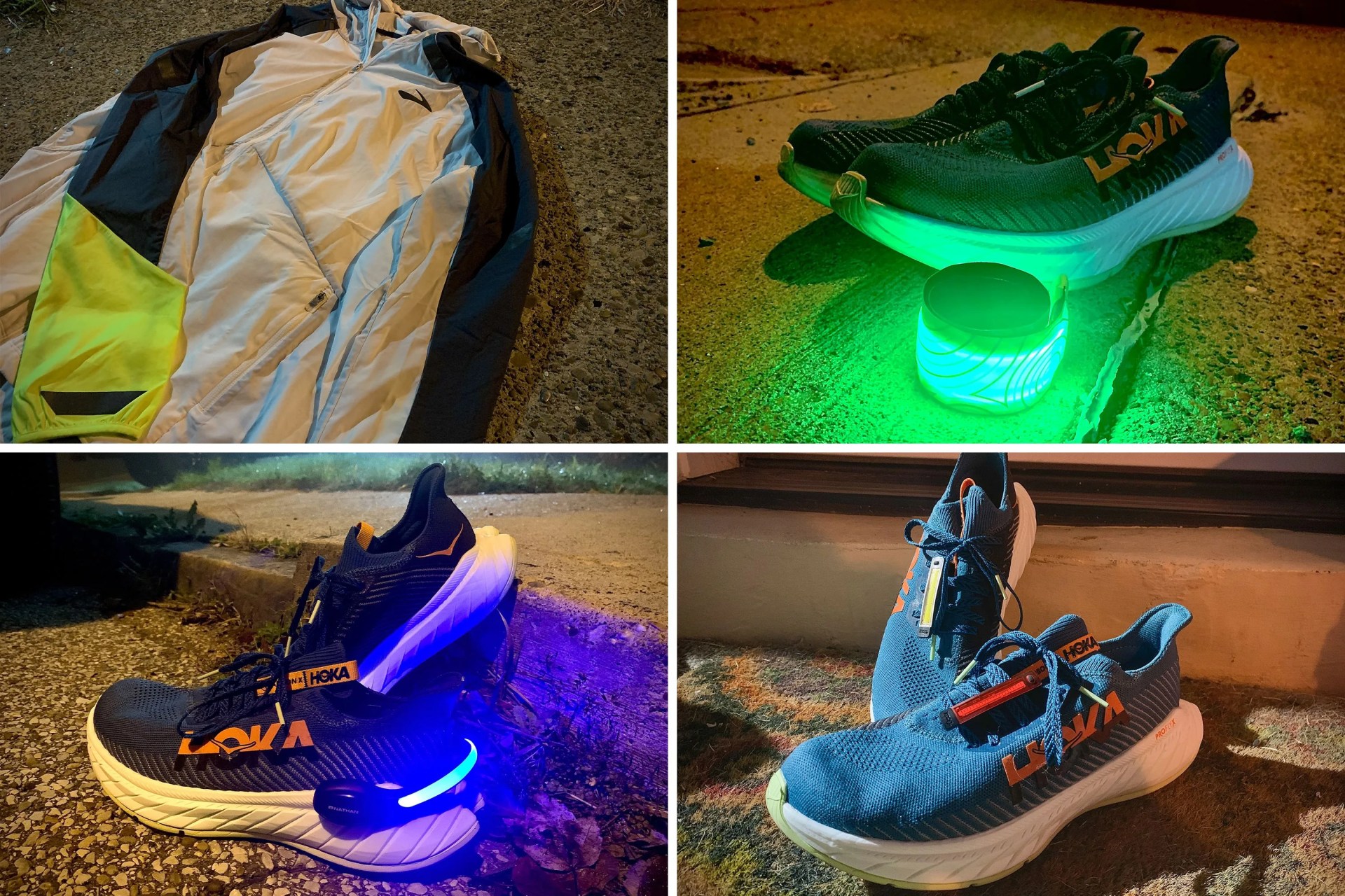collage of three running shoes and a jacket