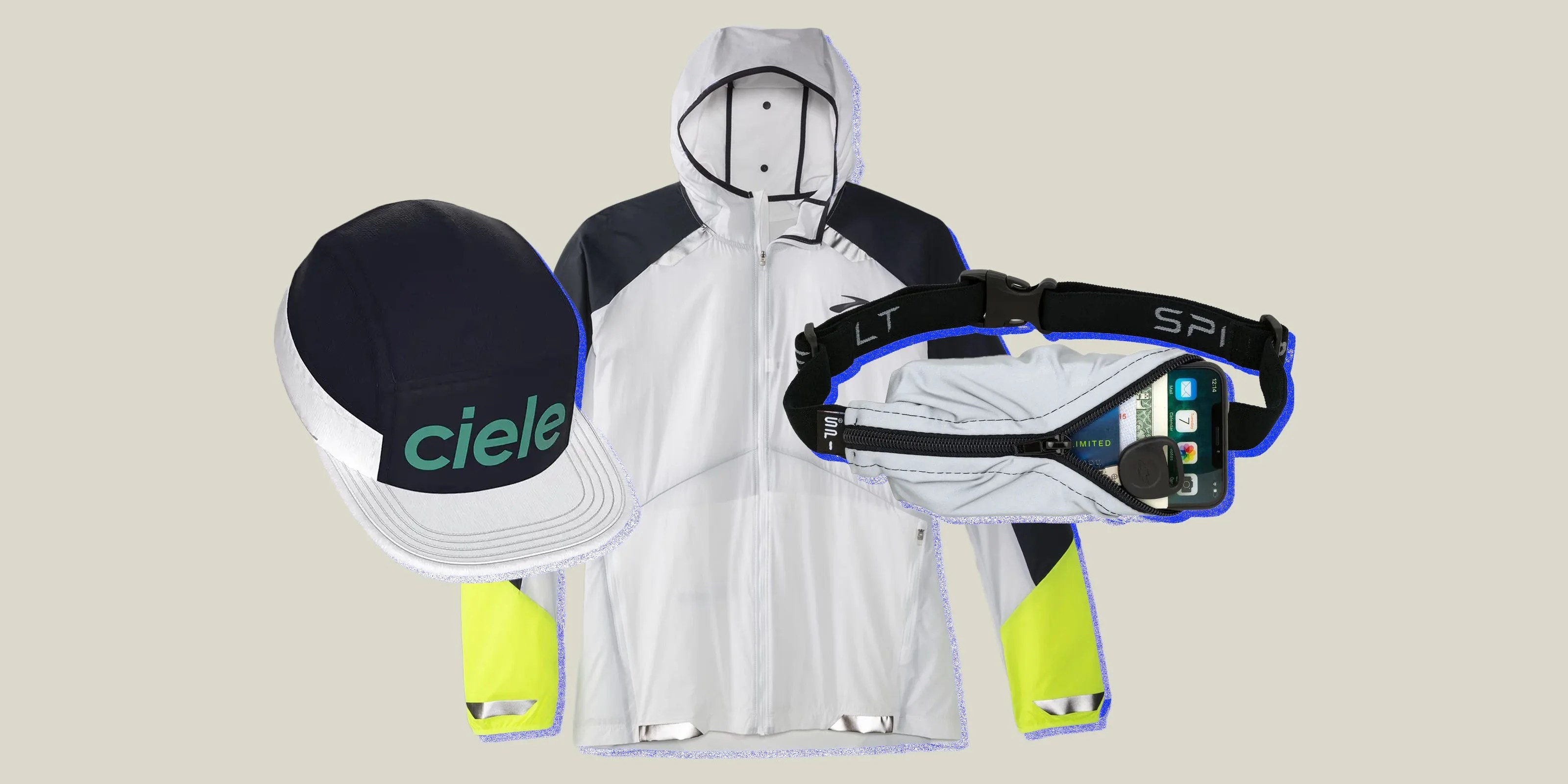 collage of a hat, jacket, and running bag
