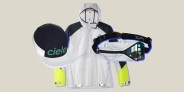 collage of a hat, jacket, and running bag