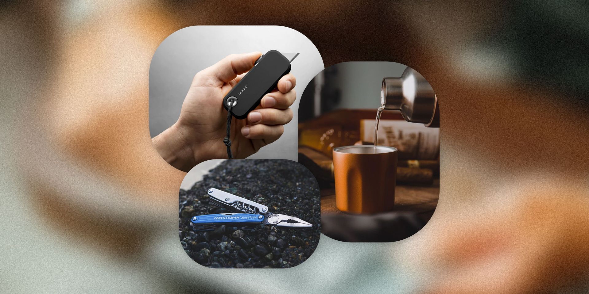 collage of a person holding a knife, an edc on stones, and a drink shaker pouring a drink into a metal cup