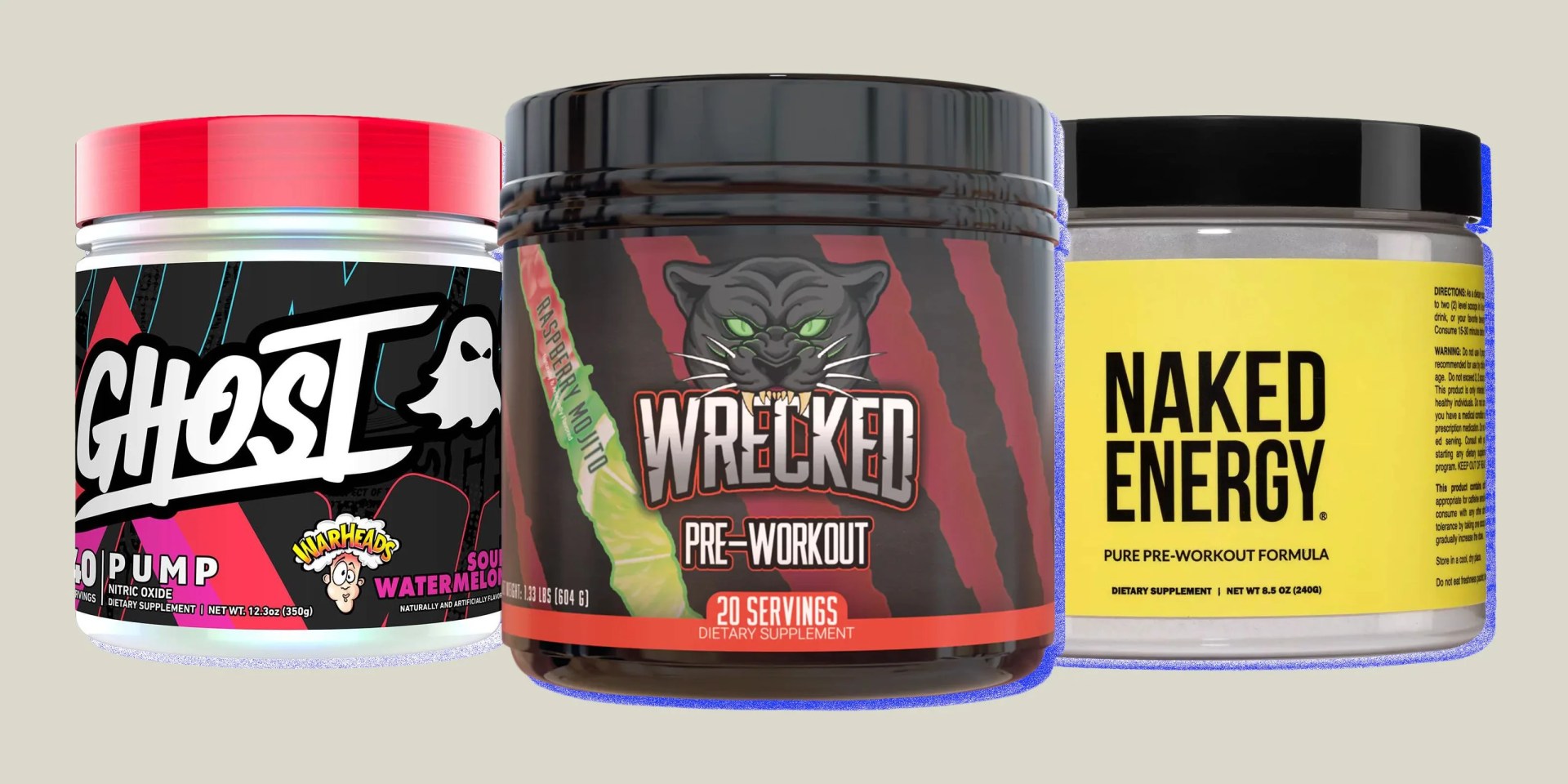 collage of three jars of pre workout