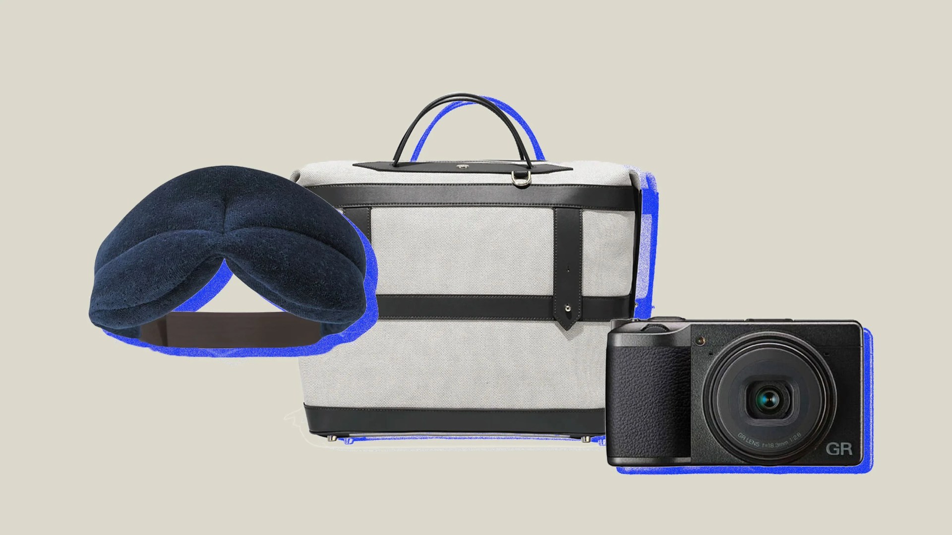 collage of travel bag, sleep mask and compact camera