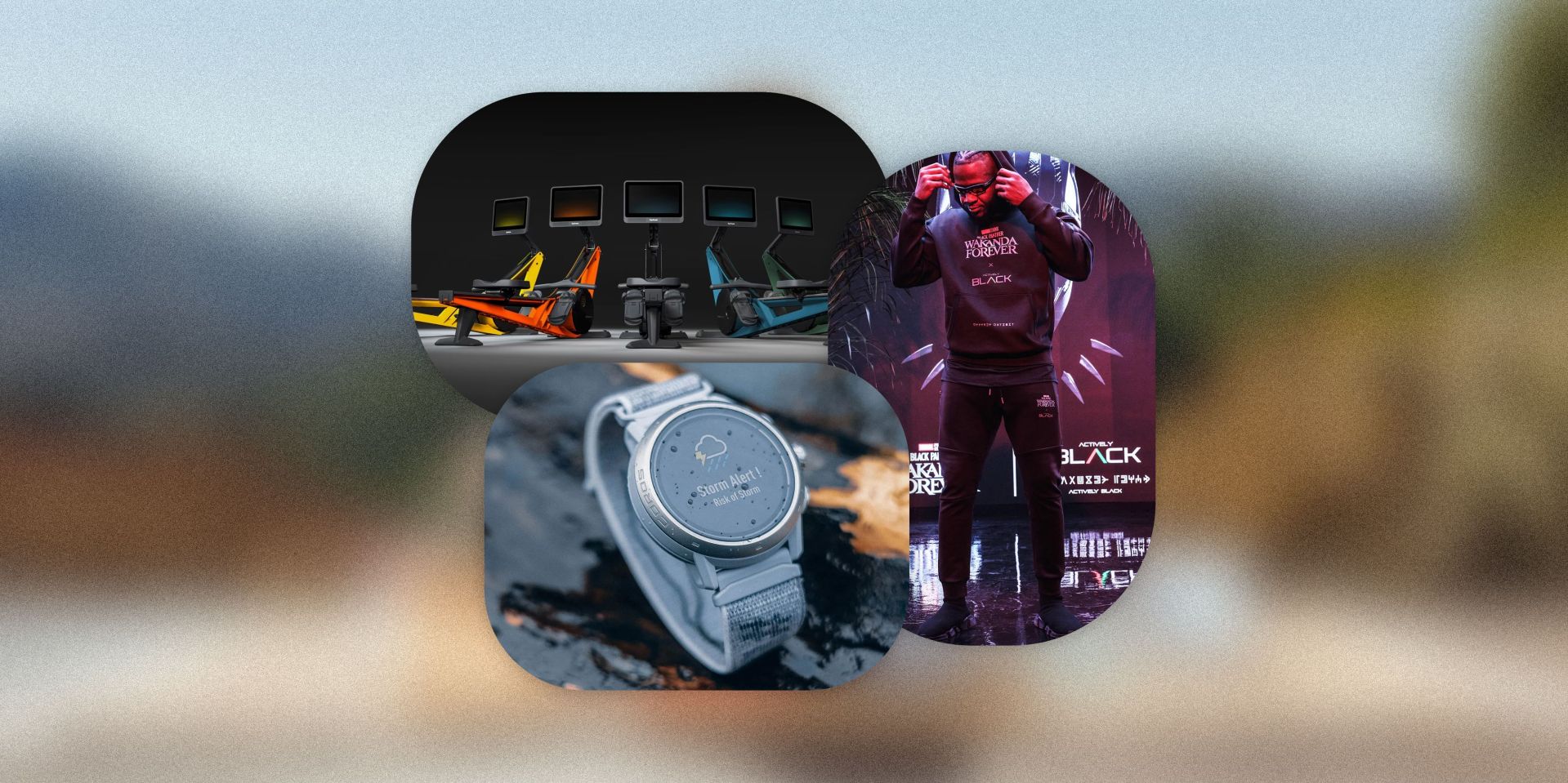 collage of colored rowing machines, a man wearing all black, and a watch in the rain