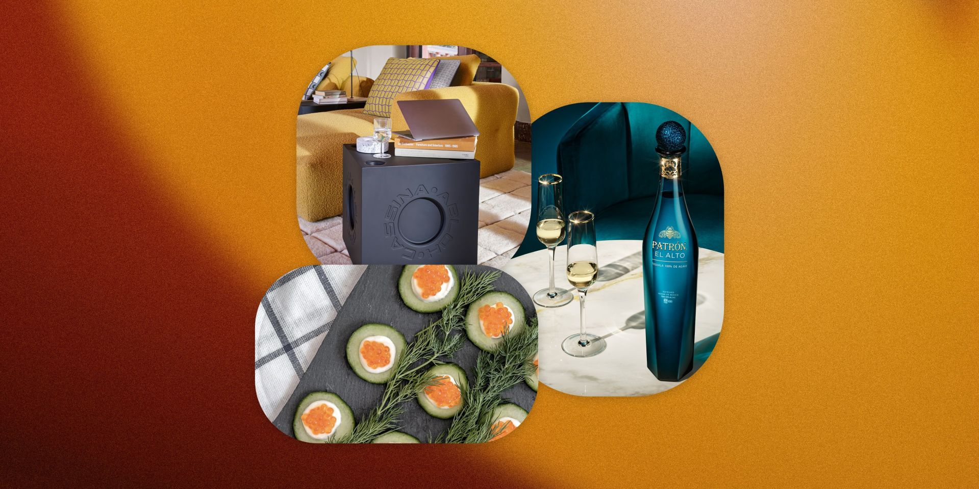 collage of caviar, a modular block table, and patron on a table