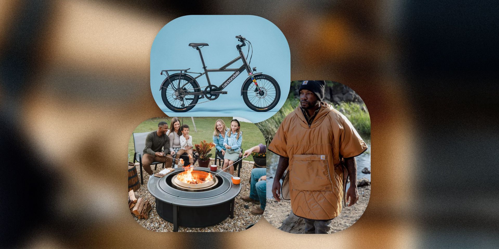 collage of people making smores, a bike, and a man wearing a poncho