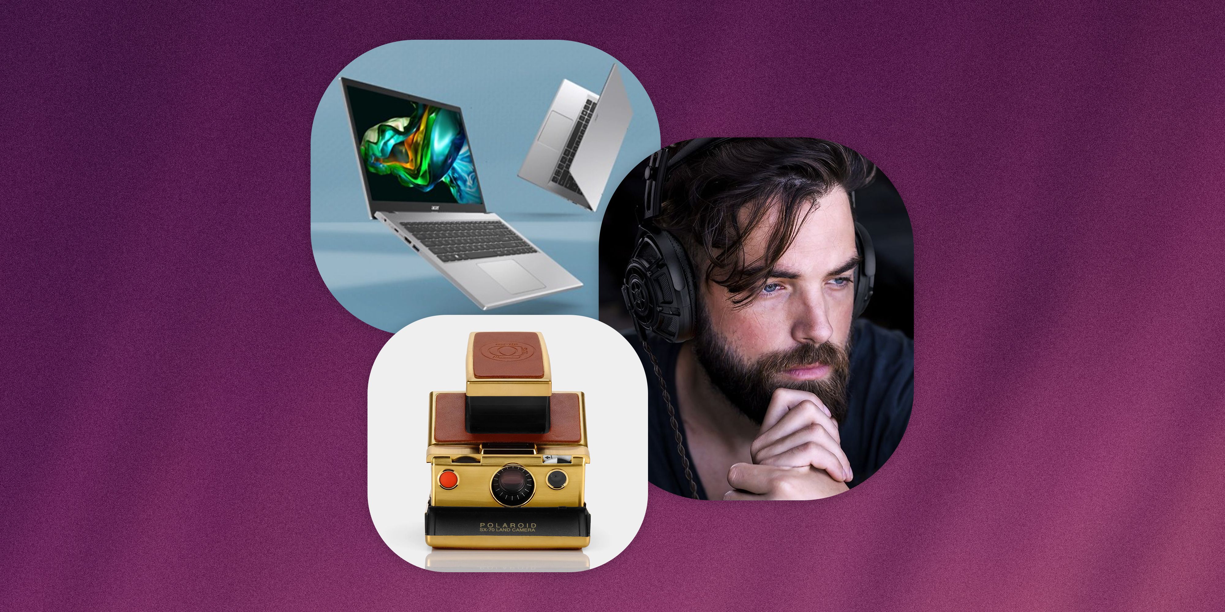 collage of laptops, a polaroid camera, and a man wearing headphones