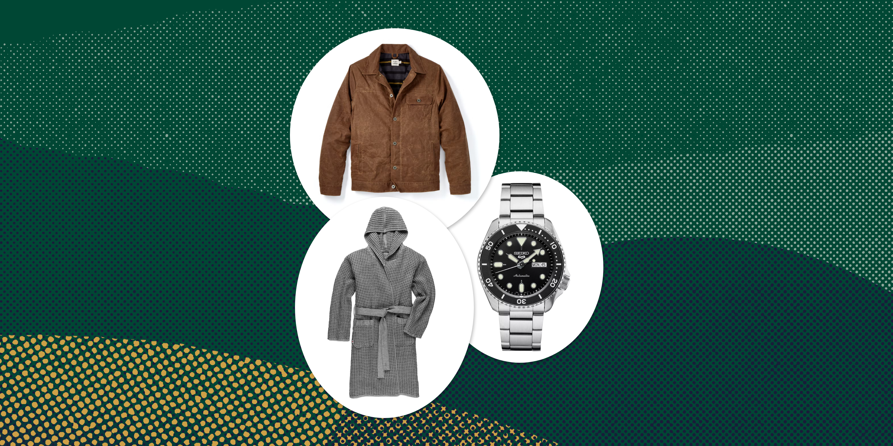 collage of a brown jacket, a gray robe, and a silver watch