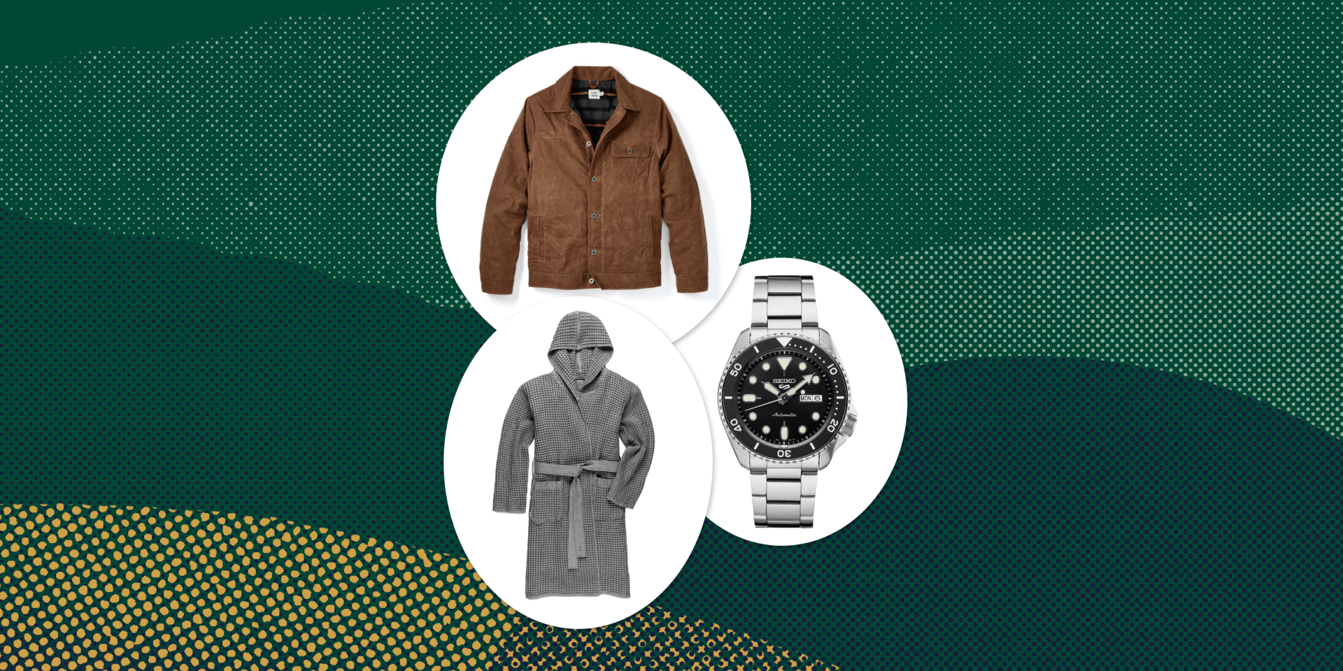collage of a brown jacket, a gray robe, and a silver watch