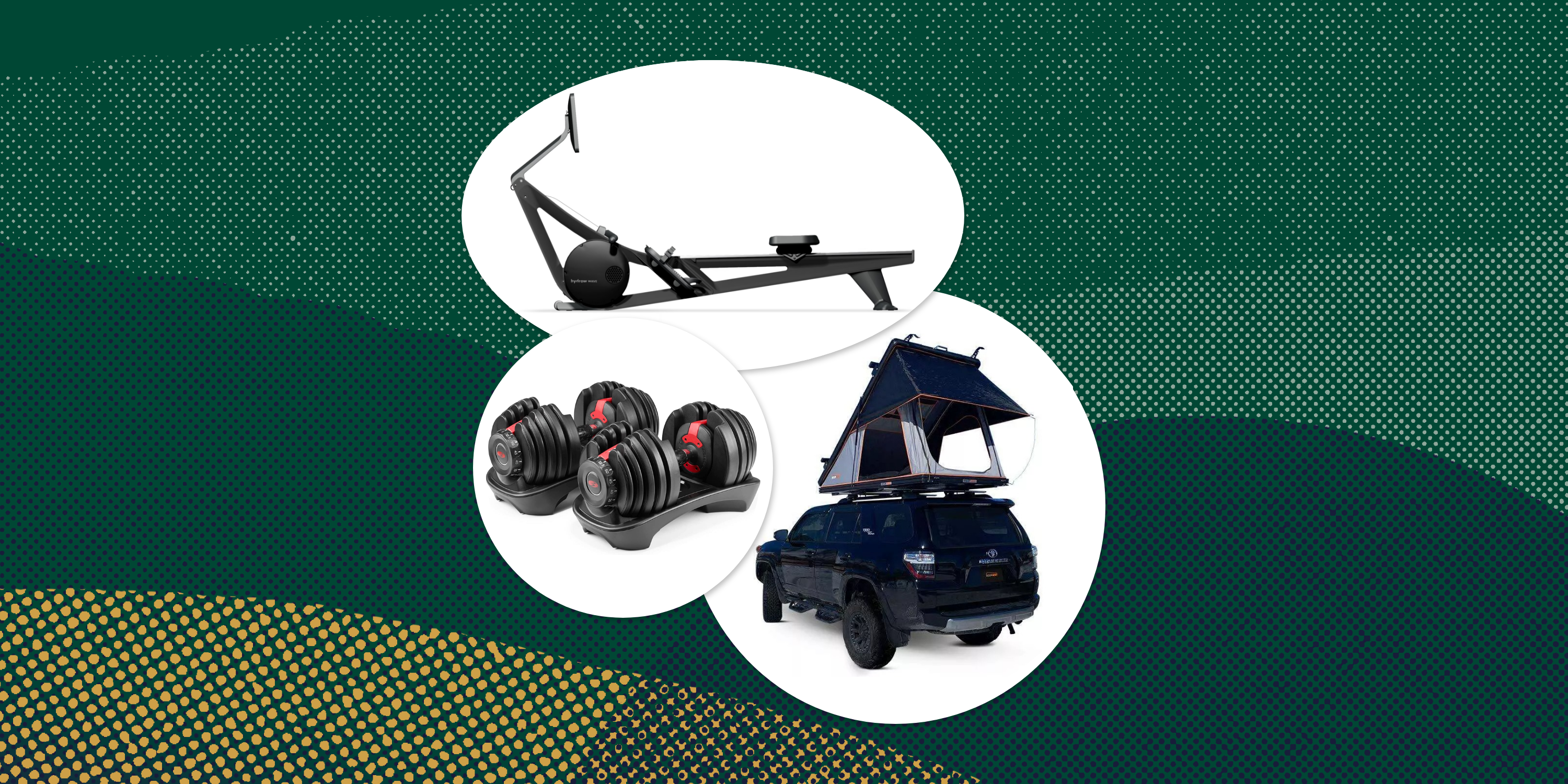collage of a rowing machine, bowflex weights, and a rooftop tent